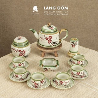  Bộ ấm chén Bát Tràng vẽ tay kiểu Chữ thập vẽ hoa - Dung tích 500ml - Gốm sứ Bát Tràng 