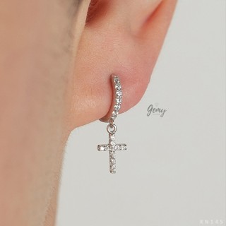 Khuyên tai nam tròn bạc 925 2 màu vàng, bạc đính chữ thập, hình thánh giá đính đá (1 chiếc) KN145 | GEMY SILVER
