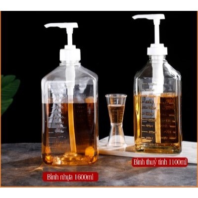 Bình bơm đường, siro thủy tinh có vòi Pump 1100ml, Nhựa 1600ml