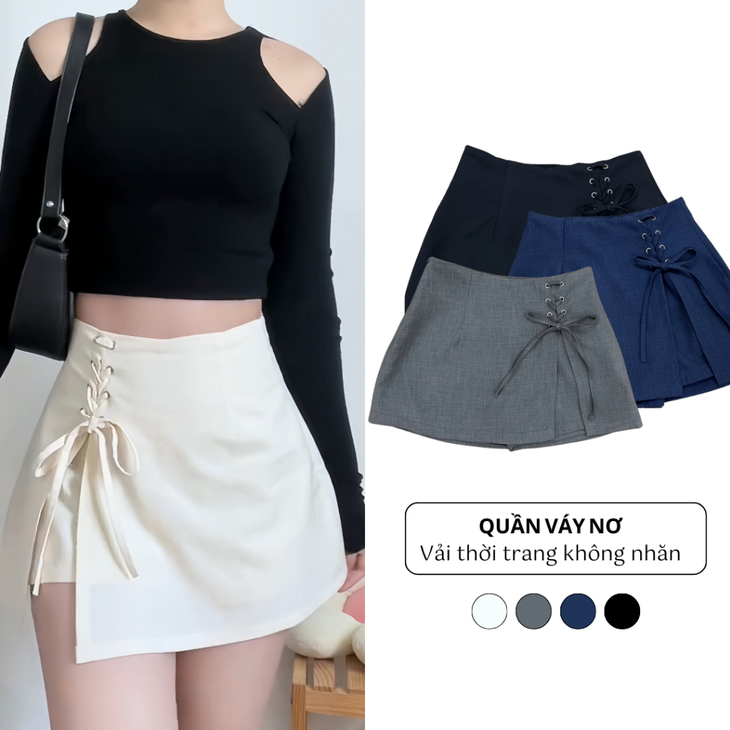 Quần váy ngắn nơ xinh hồng/kem/mint chất linen mềm mát đứng form - Diti Fashion