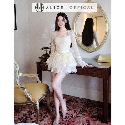 Set Váy Nữ Ren Cao Cấp Alice Áo Dài Tay Chất Ren Có Lót Dáng Tay Xòe Phối Chân Váy Tơ Ren Nhiều Tầng S715