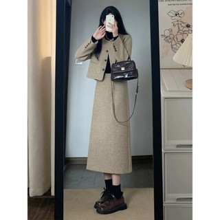 [Sẵn] Set Đồ Nữ Kiểu Áo Khoác Dạ Ngắn Croptop Chân Váy Chữ A Dáng Dài Mùa Đông Hàn Quốc Nữ Quảng Châu Chali SD700