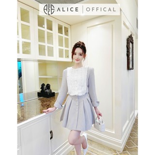  Set Váy Dạ Tweet Cao Cấp Alice Áo Dáng Ngắn Dài Tay Phối Cổ Thô Xếp Ly Ngực Đính Đá Kèm Chân Váy Ngắn Cạp Cao S769 