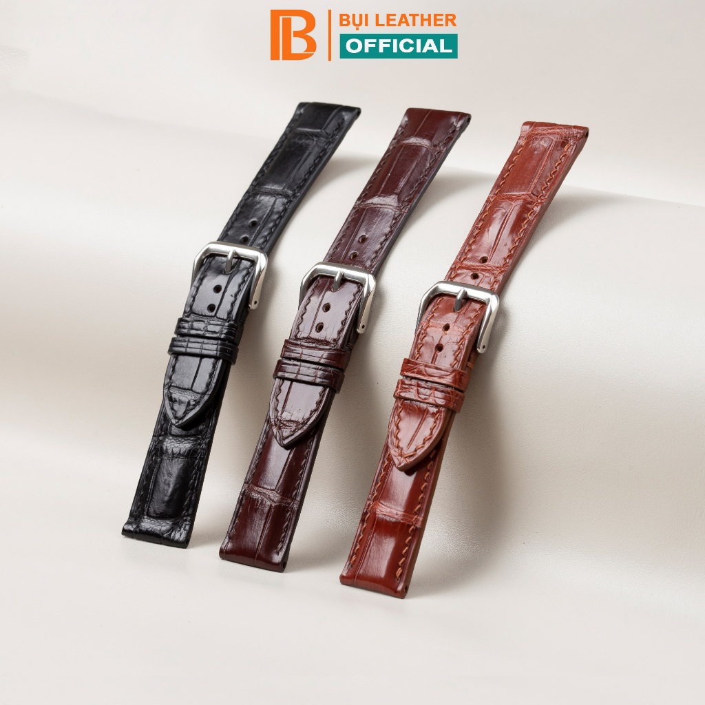 Dây đồng hồ nam da cá sấu đốt tre-khâu tay thủ công D103A size 18mm, 20mm, 22mm, 24mm-Bụi Leather