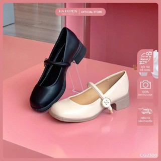 Giày cao gót nữ HÀ HUYỀN da lì quai ngang nút tròn chữ H đế cao su 4cm - CG2300