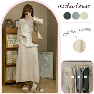 Set Áo Len Dài Tay Cổ Tim Phối Ren Thắt Nơ Kèm Chân Váy Chữ A Dáng Xuông Thoải Mái, Đồ Nữ Thu Đông - Michie.house - S264