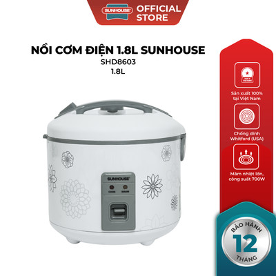 Nồi cơm điện 1,8L Sunhouse SHD8603 - 700W, sản xuất tại Việt Nam -  Có khay hứng nước thừa - Lòng nồi chống dính