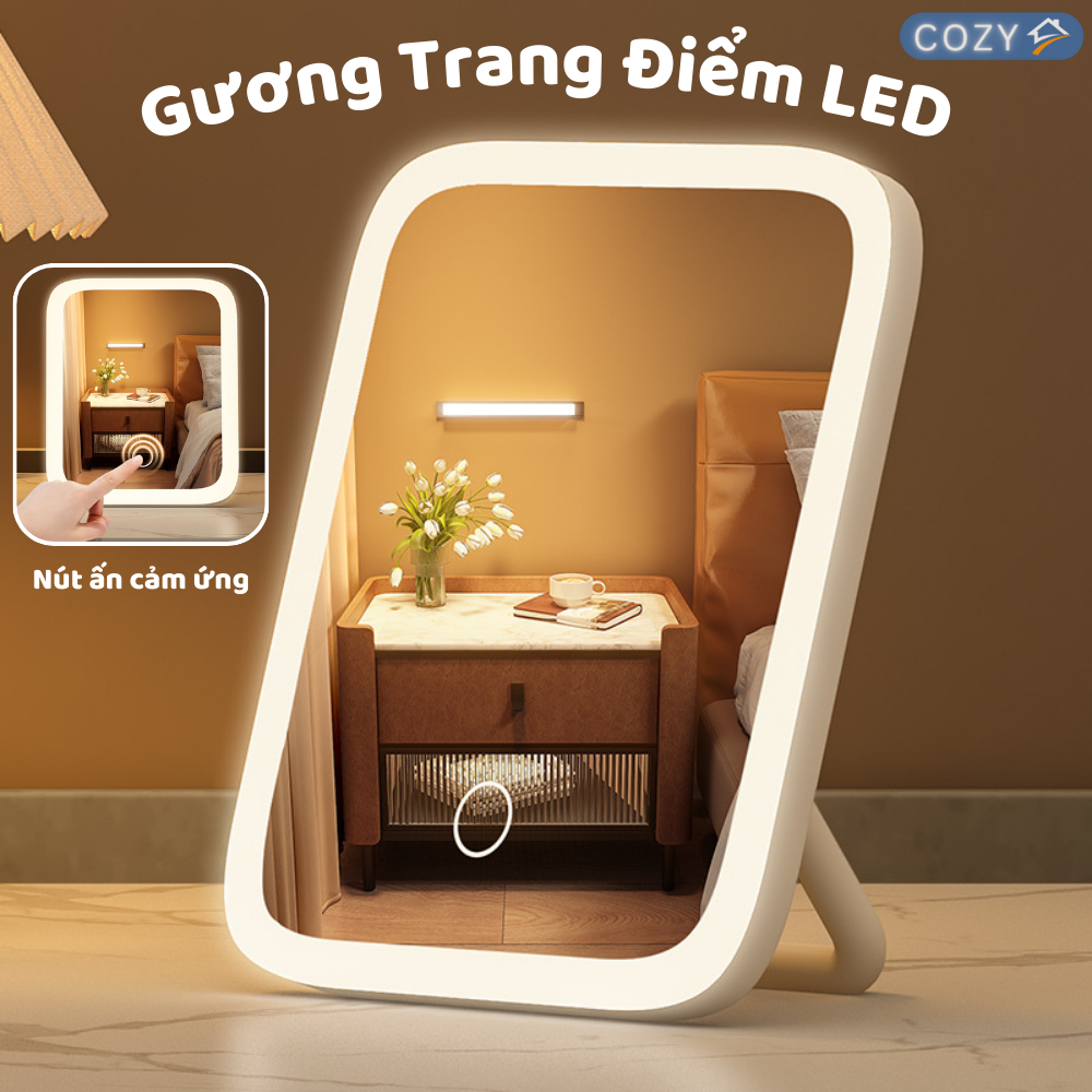  Gương Trang Điểm LED Để Bàn Cảm Ứng 3 Chế Độ Sáng Pin Sạc 1200mAh Xoay 360 Độ 