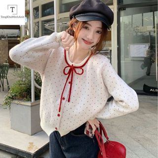  Áo Khoác Len Dệt Kim Áo Cadigan Len Lông Thỏ Chất Mềm Cổ Tròn Phối Chấm Bi Đỏ Nơ Cổ Hàng Qccc Siêu Xinh Tongkhominhanh 