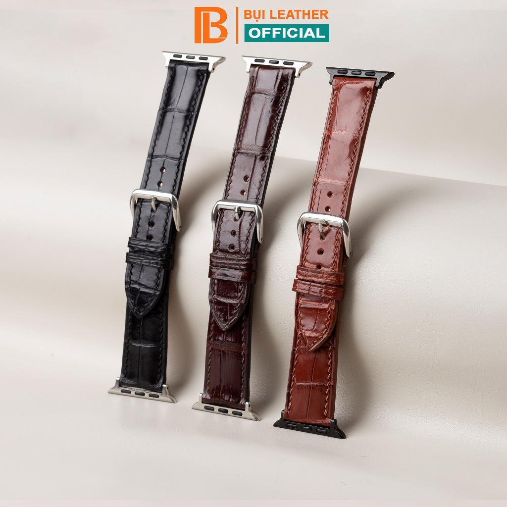 Dây AW da cá sấu đốt tre-khâu tay thủ công D108A size 38mm, 40mm, 41mm, 42mm, 44mm,45mm, 49mm - Bụi 