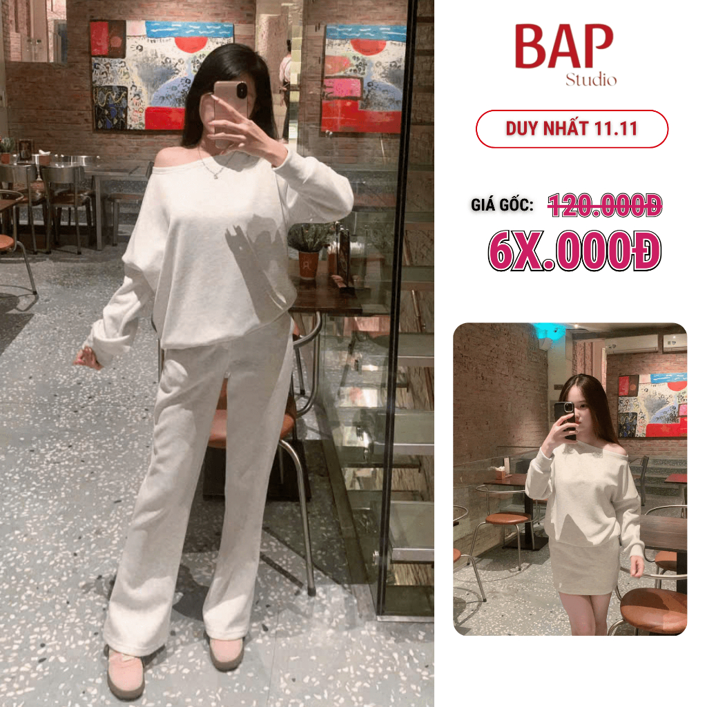 Set Áo Nỉ Trễ Vai Bo Gấu Và Quấn Ống Loe Chất Nỉ 2 Da Cao Cấp Co Dãn BAP STUDIO