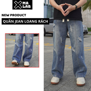 Quần jean nam ống rộng cào rách phong cách thể thao XMALAB chất bò xịn cạp chun co giãn B133