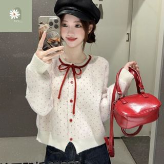  Áo Khoác Cardigan Dáng Dài Áo Len Dệt Kim Lông Thỏ Mềm Cài Cúc Chấm Bi Đỏ Viền Nơ Cổ Hàng Qccc Phong Cách Hàn Quốc Nvn 