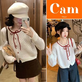  Áo Khoác Len Cadigan Lông Thỏ Chấm Bi Nhỏ Nữ Phối Dây Nơ Đỏ Cổ Tròn Phong Cách Ngọt Ngào Áo Ấm Thu Đông 2024 Camcloset 