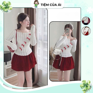 Set Áo Kiểu Trễ Lệch Vai Len Lông Đính Nơ Đỏ Dài Tay và Chân Váy Nhung Tiểu Thư Sang Trọng