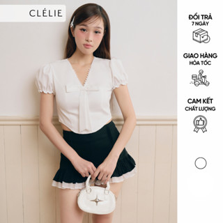 Áo croptop dáng corset cổ V tay phồng đính nơ | SALIM TOP - CLÉLIE