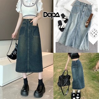  Chân Váy Jean Nữ Retro Dáng Dài Xẻ Tà Thiết Kế Nắp Túi Trước Avocado Chân Váy Bò Cạp Cao Màu Vintage 