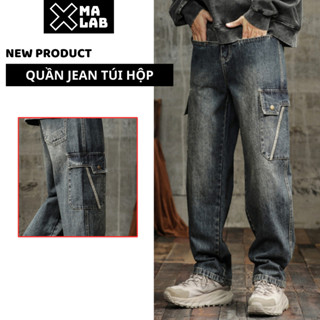 Quần jean nam túi hộp dáng suông Xmlab quần bò nam ống rộng phong cách retro cargo pant hiphop B127