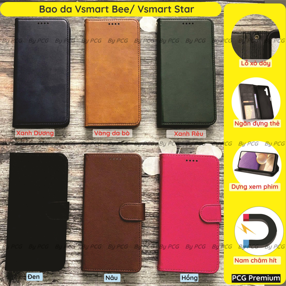 Bao da Vsmart Bee/ Vsmart Star (Vsmart v320) chất liệu da cao cấp, sang trọng, có ngăn chứa thẻ, nắp gập chống đỡ