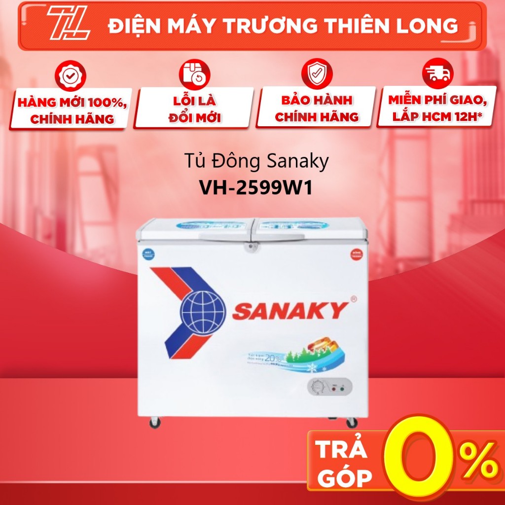Tủ đông Sanaky VH-2599W1, 2 cánh, dung tích 195 lít, thiết kế hiện đại