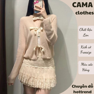  Áo len nữ dệt kim áo cardigan dài tay cột nơ màu hồng phấn dễ thương Cama Clothes HCOM3550 