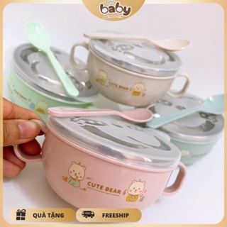 (Tặng kèm muỗng, thìa) Bát Ăn Inox Cách Nhiệt Có Tay Cầm Và Nắp, lõi inox 304 an toàn và giữ nóng đồ ăn cho bé