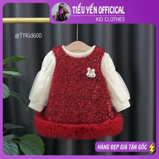 Quần áo trẻ em, Váy dạ đỏ tai thỏ bé gái mặc Noel - Tết, lót nỉ ấm cho bé 8-20kg V600 |Tiểu Yến KID