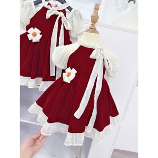  VÁY NHUNG ĐỎ CỔ YẾM TAY BỒNG ĐÍNH HOA XINH XẮN 8-28KG VVH  