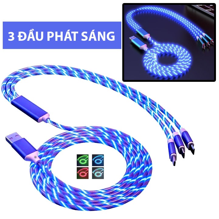 Cáp Sạc Phát Sáng Dây Sạc Điện Thoại Di Động Dây Sạc Nhanh Điện Thoại 3 Đầu Androi-C-Liling