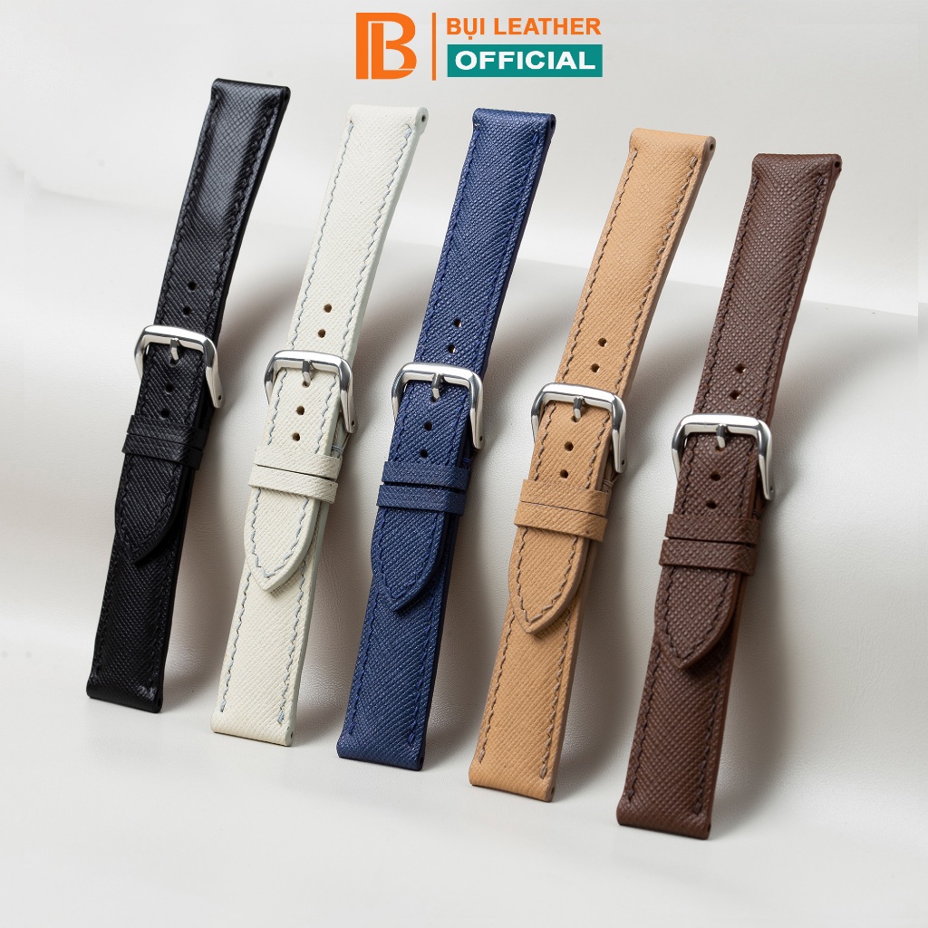 Dây đồng hồ nam da saffiano- khâu tay thủ công D112 size 18mm, 20mm, 22mm, 24mm-Bụi Leather