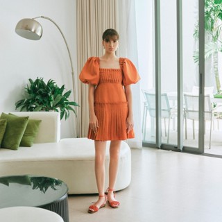 RANDOMLIST - Đầm mini dáng ngắn tay phồng xếp ly (Màu cam gạch)