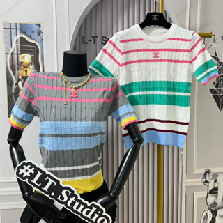 Áo len nữ chất len tăm cổ tròn cộc tay Quảng châu free size kẻ sọc chữ x 715