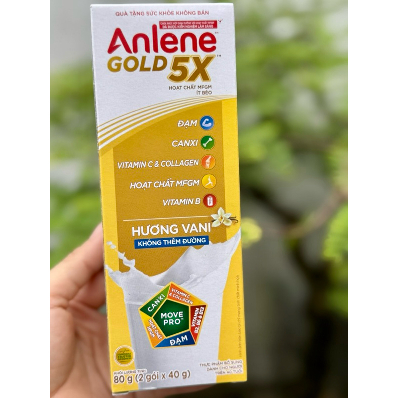 Sữa Anlene Gold 5X hương vani dạng gói tiện dụng. Mẫu quà tặng