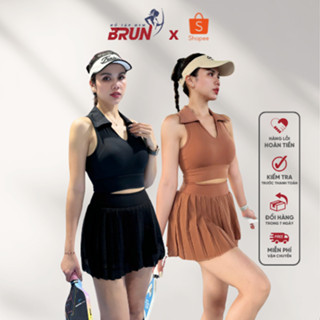   PICKLEBALL  Bộ ZERO Croptop Váy - Bộ Tập Áo Croptop Váy Thể Thao Nữ 2 Lớp Chất CREORA Cao Cấp -BRUN 