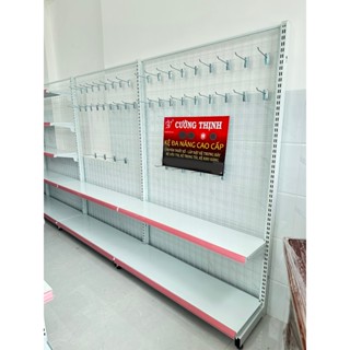 Kệ siêu thị đơn  Cao 1m8 x dài 1m2 x 2 tầng  kệ lưới móc treo đồ tặng kèm 10 móc 15cm. 