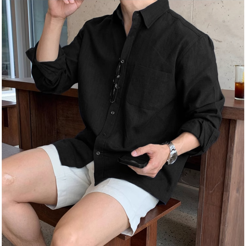 Áo Sơ Mi Nam Màu Đen Dài Tay Vải Linen Premium Form oversize - WeAU