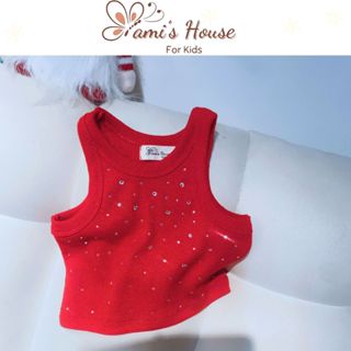  Áo Đính Đá Bling Bling Ba lỗ Croptop Màu Đỏ Cho Bé Gái Size 12-42kg Cho Bé Gái Xinh Xắn Áo Thun Ba Lỗ Cho Bé Gái Noel 