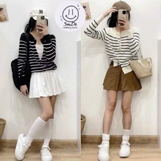 Áo Khoác Len Cổ Tròn, Áo Len Cardigan Cài Khuy Phối Sọc Tay Dài Kiểu Dáng Bassic Dễ Phối Đồ | Smide