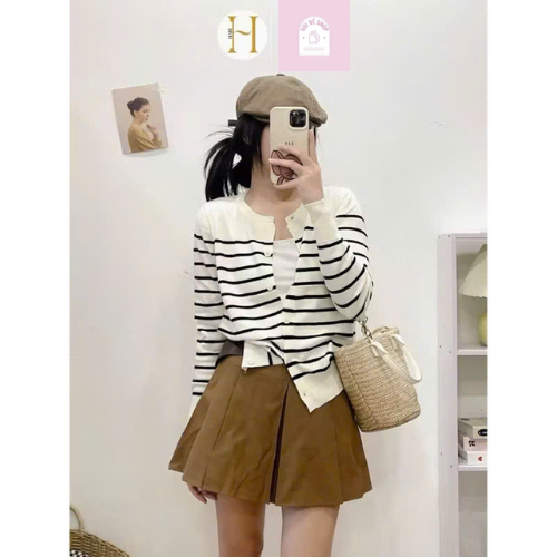 Áo Len Cardigan Tay Dài, Áo Khoác Len Cài Khuy Hoạ Tiết Sọc Ngang, Len Qccc Mềm Mịn Thời Trang Nữ | 