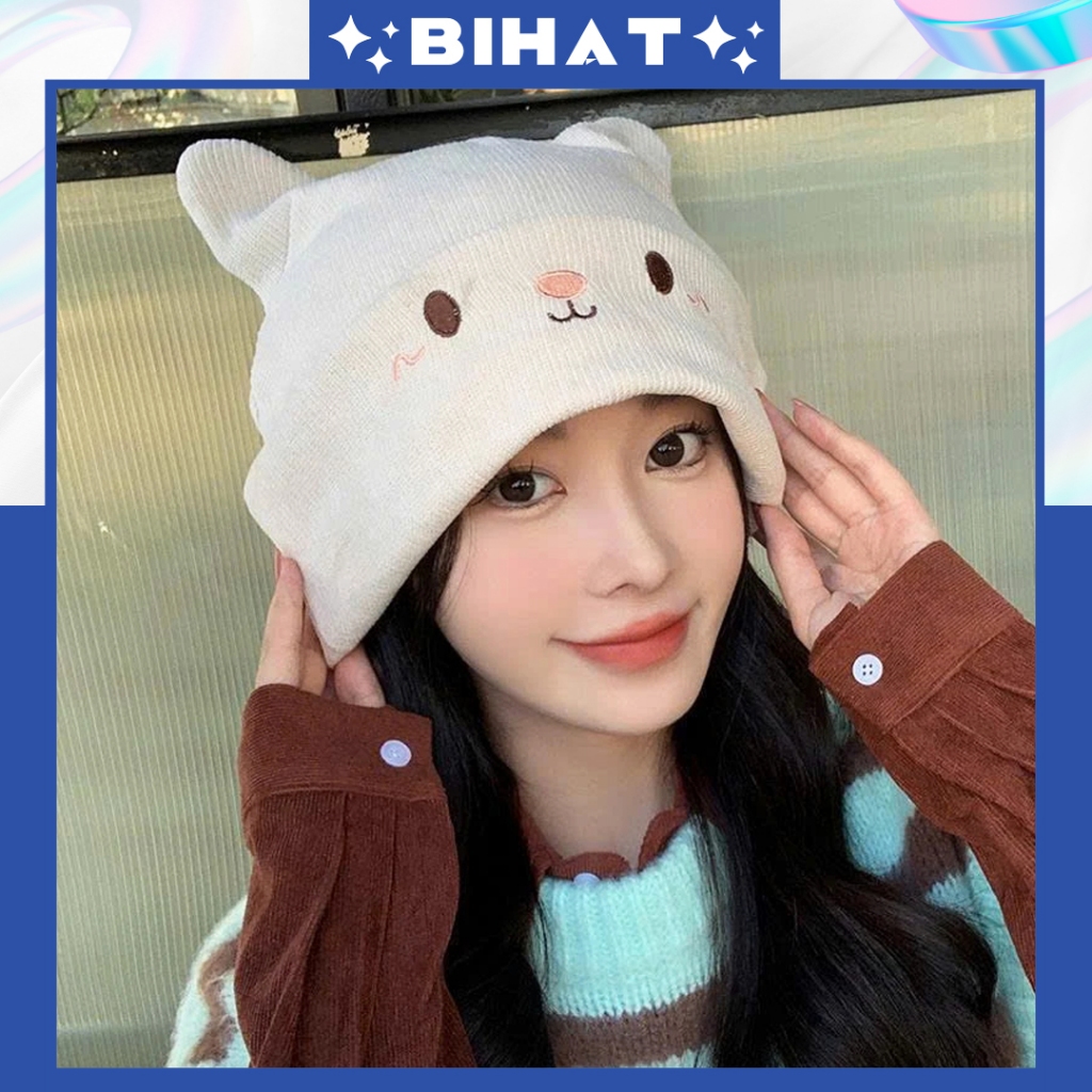 Mũ len beanie đính tai mèo dễ thương, Nón len thời trang thu đông mũ mùa đông MU350