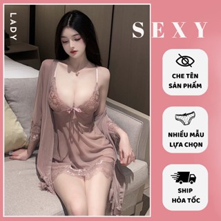 Sét Váy Ngủ Kèm Áo Choàng Ren Cao Cấp Sexy DN06, Đồ ngủ nữ gợi cảm mặc nhà Xuyên Thấu Quyến Rũ Tặng Chip