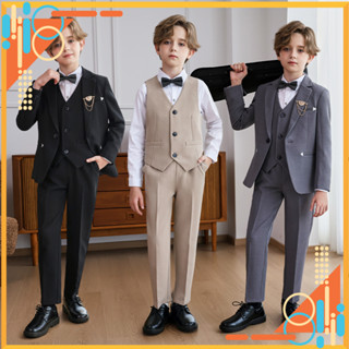 Bộ vest bé trai cao cấp đi tiệc TQB201 gồm 5 chi tiết (áo vest +áo ghile + quần tây + nơ + ghim cài)