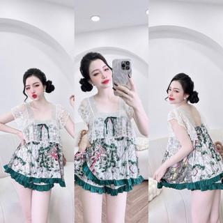 Bộ đồ bộ mặc nhà áo tay ren quần đùi có túi 40-65kg vừa. để