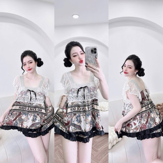 Bộ đồ bộ mặc nhà áo tay ren quần đùi có túi 40-65kg vừa. để