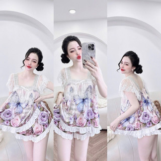 Bộ đồ bộ mặc nhà áo tay ren quần đùi có túi 40-65kg vừa. để