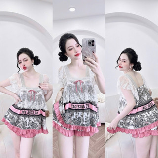 Bộ đồ bộ mặc nhà áo tay ren quần đùi có túi 40-65kg vừa. để