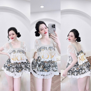 Bộ đồ bộ mặc nhà áo tay ren quần đùi có túi 40-65kg vừa. để