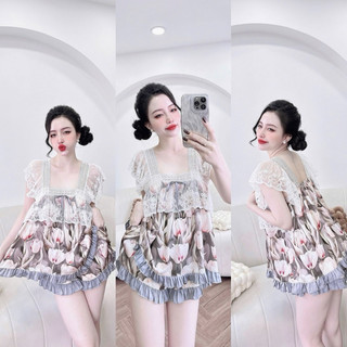 Bộ đồ bộ mặc nhà áo tay ren quần đùi có túi 40-65kg vừa. để