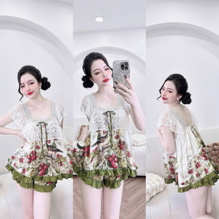 Bộ đồ bộ mặc nhà áo tay ren quần đùi có túi 40-65kg vừa. để