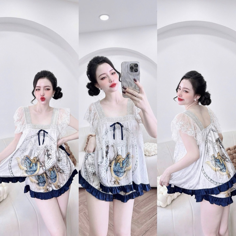Bộ đồ bộ mặc nhà áo tay ren quần đùi có túi 40-65kg vừa. để